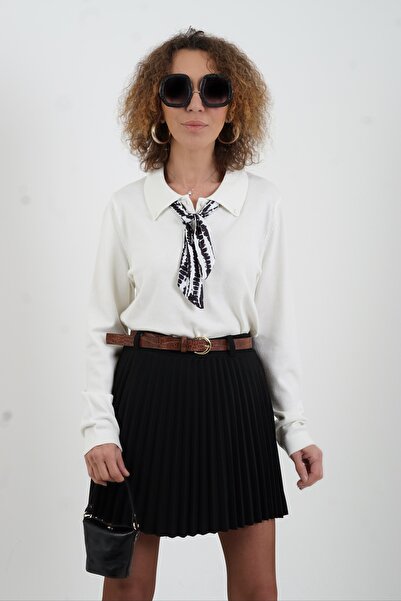 Zelish My Sister Pulover cu mânecă lungă cu guler polo ecru cu eșarfă