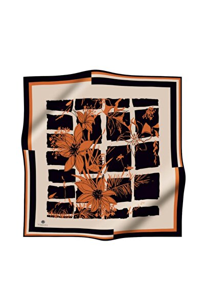 Vissona 100% twill silk scarf with floral and geometric pattern in beige - brown color 90x90 sewing method: hand sewn