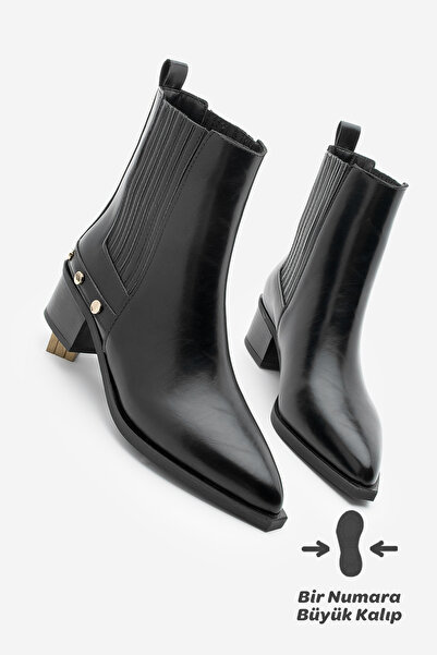 Marjin Kadın Sivri Burun Chelsea Çift Lastikli Troklu Zımbalı Topuklu Bot Alura Siyah