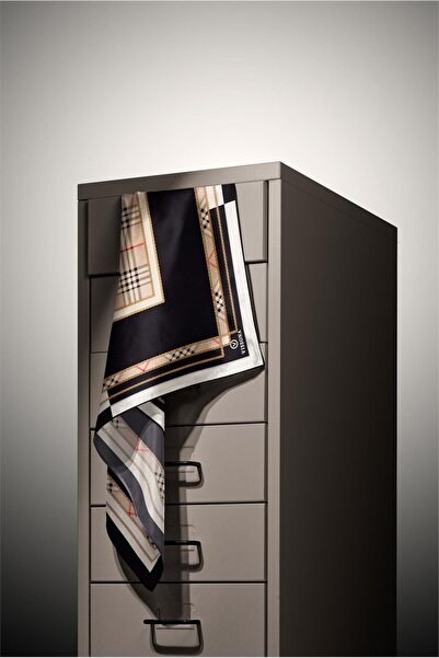 Vissona Plaid Pattern Black Cream Beige Twill Silk Scarf