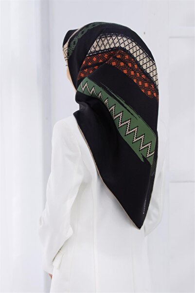 Vissona 100% Twill Silk με μοτίβο και ρίγες σε πορτοκαλί - μαύρο χρώμα 90x90 ...