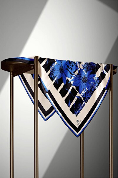 Vissona 100% twill silk with floral and geometric pattern s Cobalt black colored 90x90 scarf sewing method: hand sewing