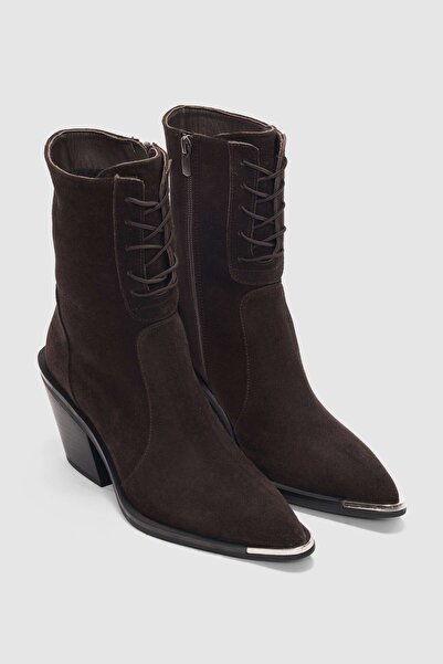 selin shoes Novira Hakiki Deri Bağcıklı ve Yandan Fermuarlı Sivri Burun Kadın Bot- KAHVE SÜET