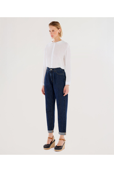 Yargıcı Nakış Detaylı Yüksek Bel Rahat Fit Denim Pantolon