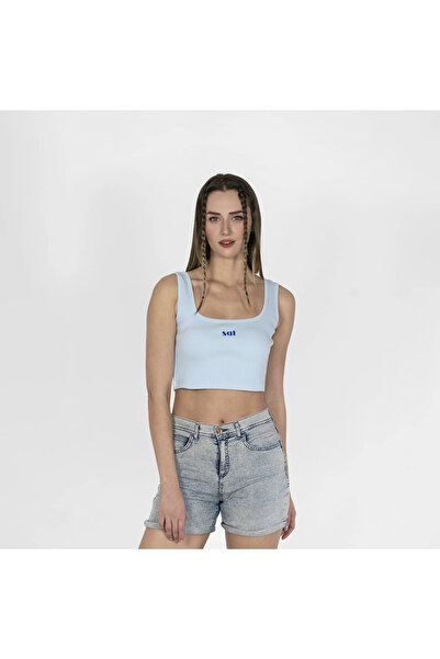 Geniş Askılı Nakışlı Kaşkorse Kadın Açık Mavi Crop