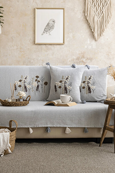 Lux Touch Peony Gri Nakışlı Püsküllü Parça Yıkamalı 170x210cm Koltuk Örtüsü Seti (2 Kırlent Kılıfı Dahil)