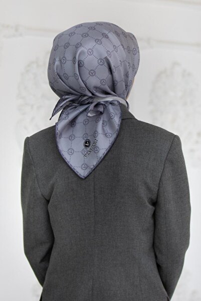 Vissona 100% Twill Silk Monogram Patterned Gray Colored 90X90 Scarf Sewing Shape: Hand Sewing