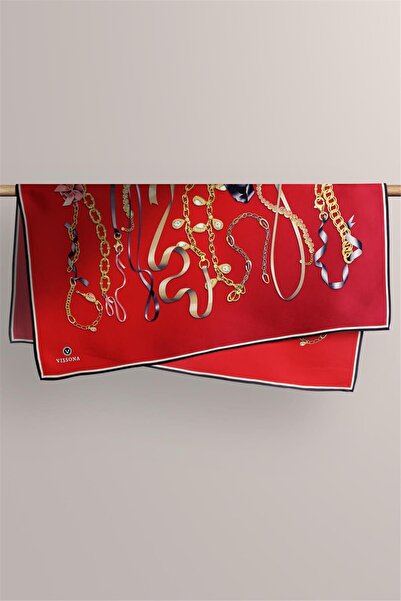 Vissona 100% Twill Silk Ribbon and Chain Patterned Red Colored 90X90 Scarf Sewing Shape: Hand Sewing