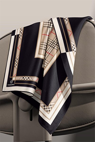 Vissona Plaid Pattern Black Cream Beige Twill Silk Scarf