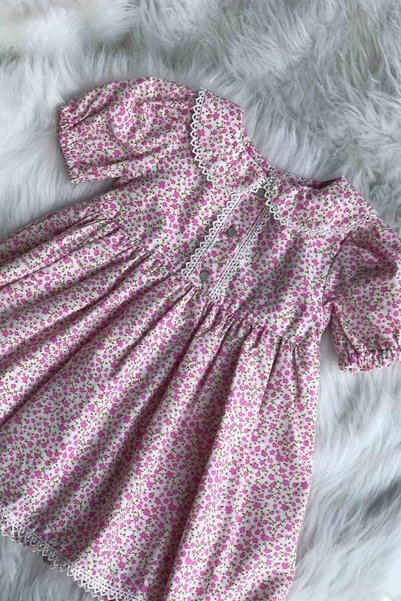 Bertuğ Bebek Lace Detailed Baby Collar Baby Girl Floral Poplin Pink Dress