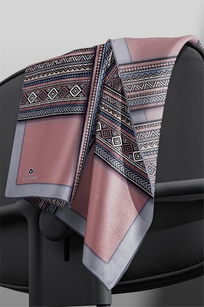 Vissona 100% Twill Silk Ethnic Patterned Powder - Gray Colored 90X90 Scarf Sewing Shape: Hand Sewing