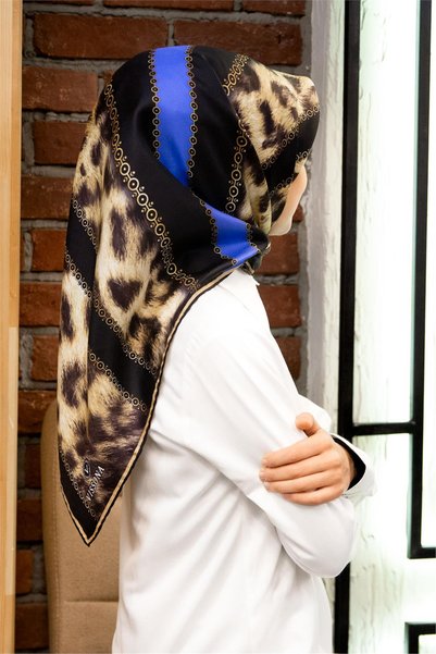 Vissona Eșarfă 100% mătase twill imprimeu leopard – negru, 90x90. Mod de conf...