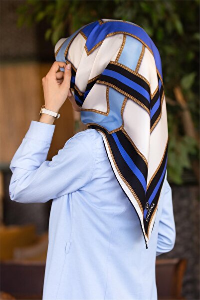 Vissona 100% Twill Silk Geometric Patterned Μαύρο - S μπλε κοβαλτίου Χρώμα 90...