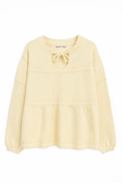 Mixray 6950 Women's Collar Lace-Up Pleated Knit Sweater Yellow