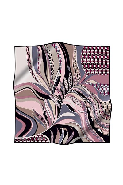 Vissona 100% Twill Ethnic Leaf Pattern Powder - Γκρι χρώμα 90x90 Σχήμα ραψίματος: Κασκόλ ραμμένο στο χέρι