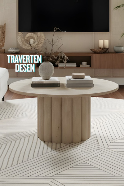 Liya Hisar Orta Sehpa Ahşap Orta Sehpa Yuvarlak Salon Sehpa Yuvarlak Orta Sehpa Bohem 80 Cm Traverten