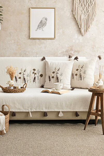 Lux Touch Peony Ecru Embroidered Tasseled Washable 170X210Cm Sofa Cover Set (Includes 2 Throw Pillow Covers 45X45Cm)