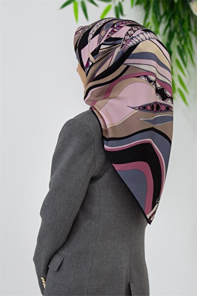 Vissona 100% Twill Ethnic Leaf Pattern Powder - Γκρι χρώμα 90x90 Σχήμα ραψίματος: Κασκόλ ραμμένο στο χέρι