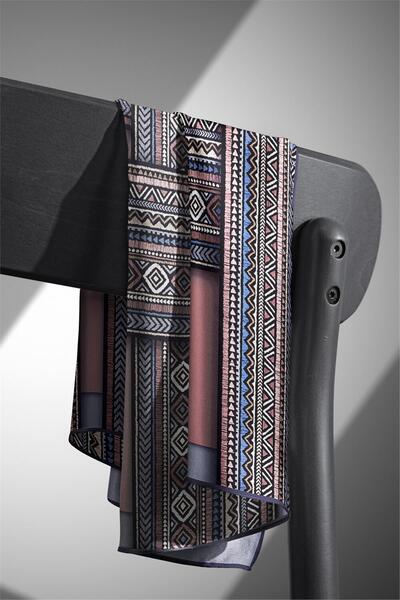 Vissona 100% Twill Silk Ethnic Patterned Powder - Gray Colored 90X90 Scarf Sewing Shape: Hand Sewing