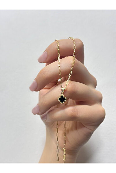 DİAMİNE PIRLANTA 14 Ayar Altın Ataç Zincir Siyah Taşlı Yonca Kolye