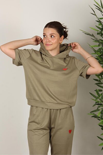 Mckanzie 25691 Heart Embroidered Short Sleeve Hooded Top and Elastic Bottom Suit