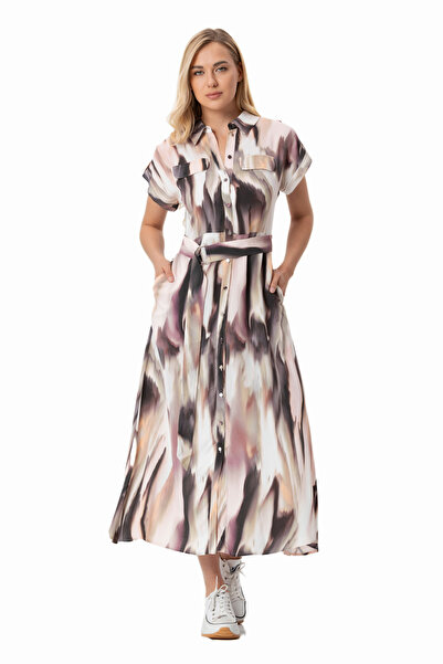 LADYNESS Pembe Kısa Kollu Viscon Gömlek Elbise