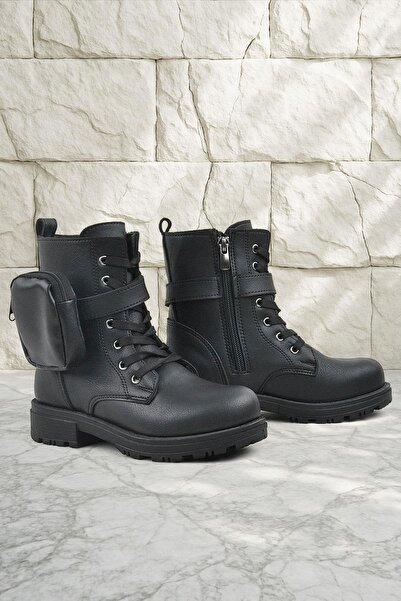 Rakerplus Cizme negre pentru fetiță, cu fermoar și portofel cu șireturi