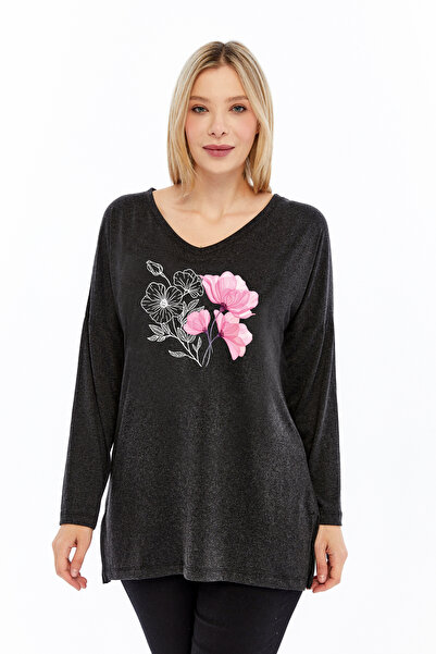 Curvy Trend Plus Size Magnolia Printed V-Neck Long Sleeve Slit Wrinkled Viscose Fabric Blouse