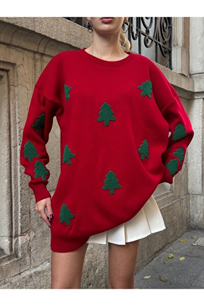 bacc Kadın Kırmızı Yılbaşı Temalı Oversize Triko Kazak Bc231051