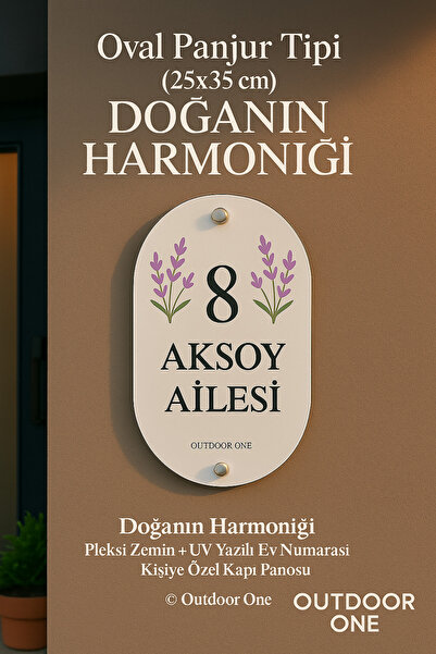 Outdoor One Pleksi Oval Kapı Numarası Lavantalı Tasarım | Kişiye Özel Kutulu Set 25cmx35cm