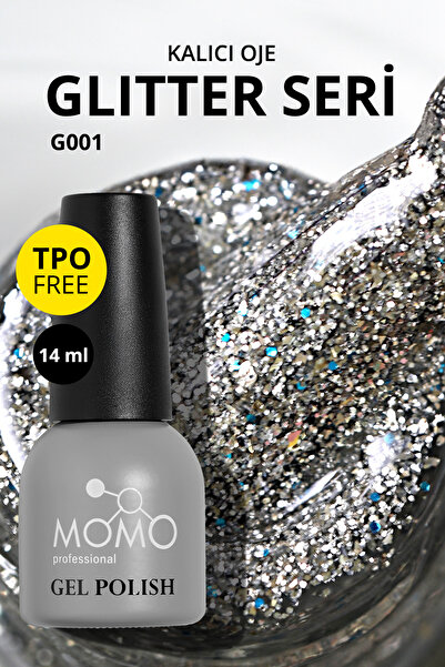 MOMO professional Glitter Kalıcı Oje G001, Yoğun Gümüş Simli, 14 ml, TPO- FREE