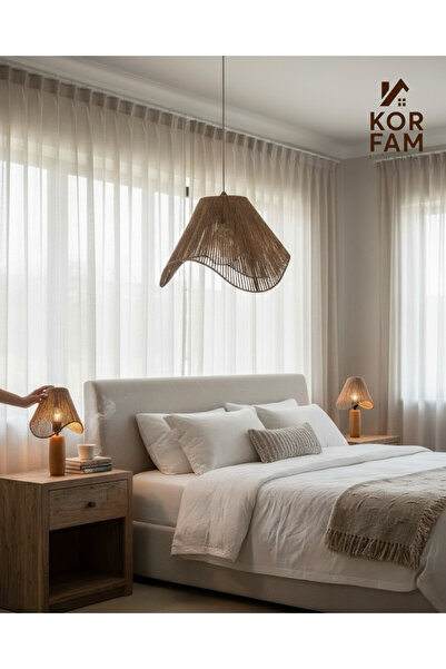 KorFam WAVY Modeli Avize & Abajur Set - Hasır El Yapımı Bohem Asimetrik Avize 2'li Ahşap Ayaklı Abajur Set