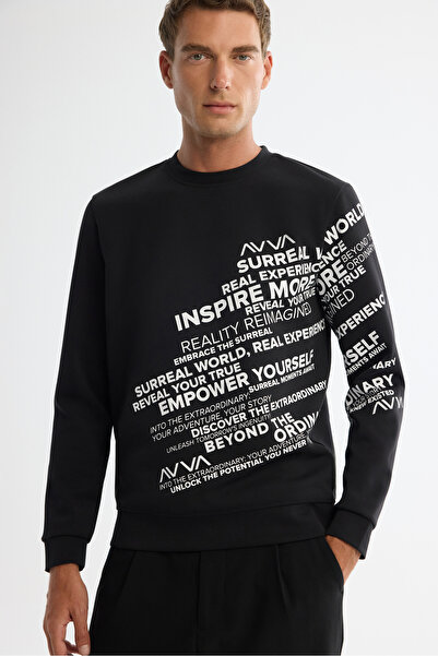 Avva Men's Black Crew Neck Cotton Printed Regular Fit Sweatshirt A42Y1285
