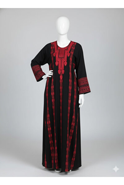 TRANDNIUM جلابية أردنية فاخرة بتطريز أحمر تراثي يدوي مع طرحة وربطة راس هديه