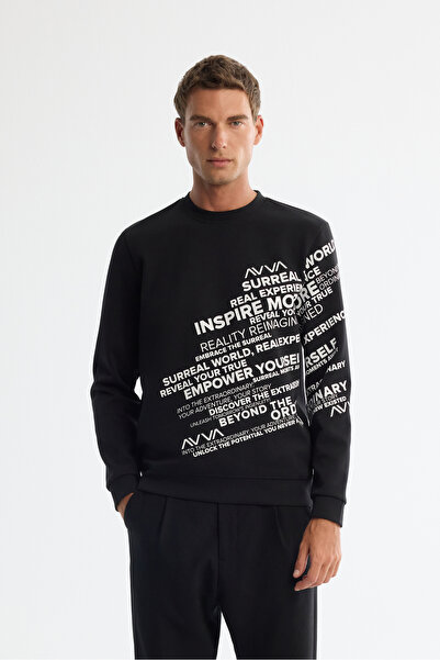 Avva Men's Black Crew Neck Cotton Printed Regular Fit Sweatshirt A42Y1285
