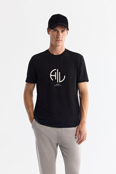 Avva Ανδρικό μπλουζάκι με λαιμόκοψη μαύρο ελαστάνικο με ενδιάμεση σύνδεση καν...