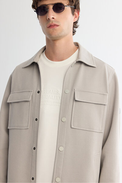 Avva Men's Light Gray Classic Collar Cotton Jersey Comfort Fit Shirt Jacket A42Y2092