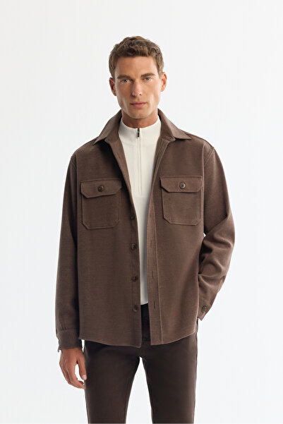 Avva Men's Brown Classic Collar Cashmere Covered Comfort Fit Shirt Jacket A42Y2129