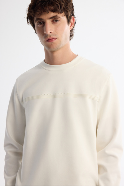 Avva Men's Ecru Crew Neck Cotton Printed Elastane Regular Fit Sweatshirt A42Y1267