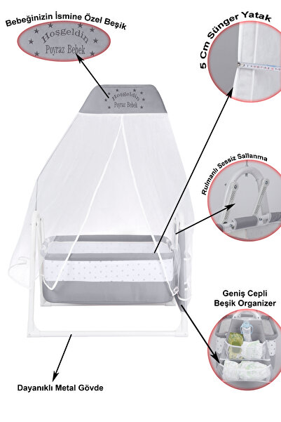 CHUBBY BABY İsme Özel Sallanır Beşik 5 cm Sünger Yataklı Organizerli Tüllü Cibinlikli Bebek Beşiği