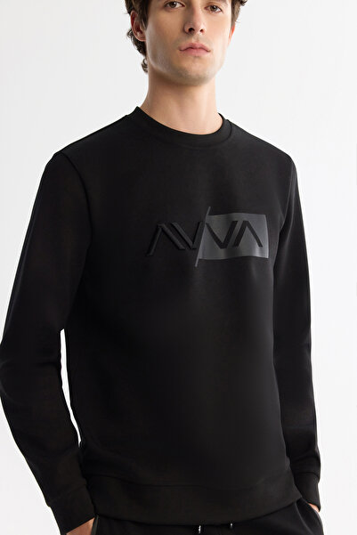 Avva Ανδρικό φούτερ με λαιμόκοψη μαύρο βαμβακερό εμπριμέ ελαστάνη Regular Fit A42Y1259