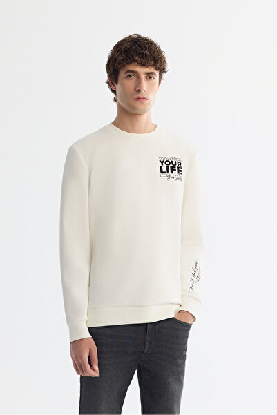 Avva Men's Ecru Crew Neck Cotton Printed Elastane Regular Fit Sweatshirt A42Y1206