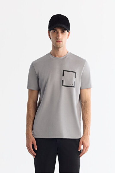 Avva Ανδρικό μπλουζάκι με λαιμόκοψη σε γκρι χρώμα με εμπριμέ ελαστάνη κανονικ...