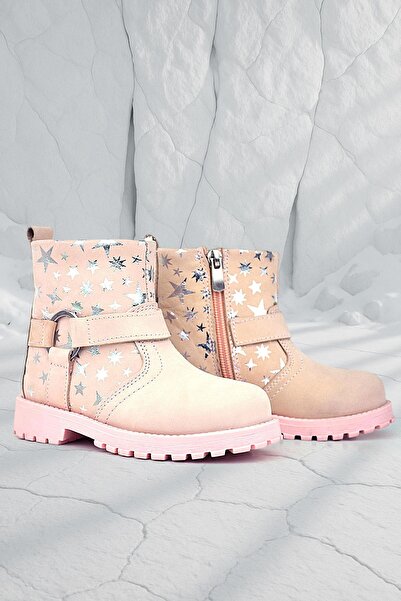 Rakerplus Chiron Genuine Leather Powder Star Patterned Zippered Fur Girl's Boots