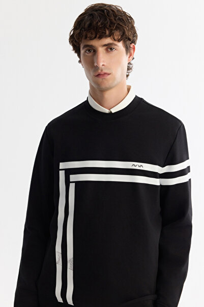 Avva Ανδρικό φούτερ με λαιμόκοψη μαύρο βαμβακερό εμπριμέ ελαστάνη Regular Fit A42Y1284