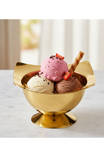 Arsel 304 Çelikten Lüks Asya Titanyum Gold Dondurma Kasesi ve Çok Amaçlı Sunumluk Altın