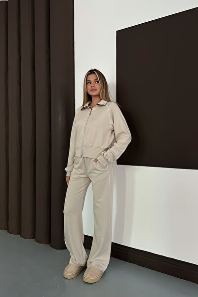 mielva Set de trening din țesătură modală, cu fermoar, cu dungi, culoare bej