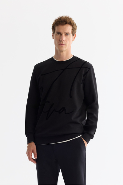 Avva Men's Black Crew Neck Cotton Printed Elastane Regular Fit Sweatshirt A42Y1268