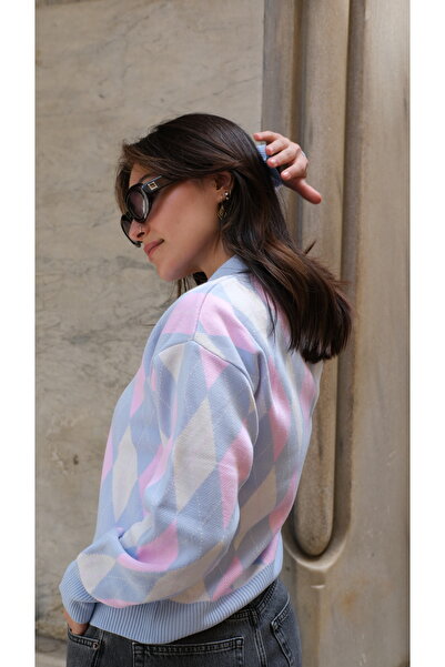 Butik Una Fiaba -Mavi Kadın Polo Yaka Baklava Desenli Düğmeli Triko Hırka