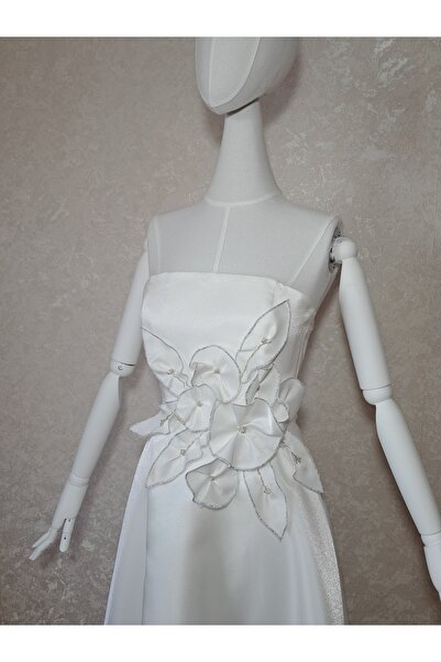 MHM STUDIO Özel Tasarım Merve Hamamcı Bridal beyaz midi boy özel yapım çiçekli nişan nikah after parti elbise